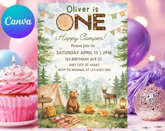 One Happy Camper Birthday Invitation, Watercolor Camping Theme (Canva Printable Template)