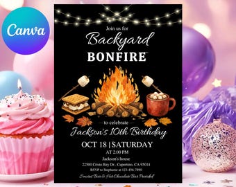 Bonfire Birthday Invitation: Fall BBQ and S'mores Party, Editable Template