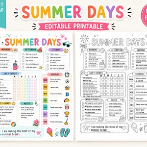 Może przedstawiać: Dwie drukowalne tabele obowiązków Summer Days o wymiarach 21,6 cm na 27,9 cm. Jedna jest kolorowa z ilustracjami słońca, palmy i lodów, a druga to wersja czarno-biała. Obie zawierają sekcje na poranek, popołudnie i wieczór.