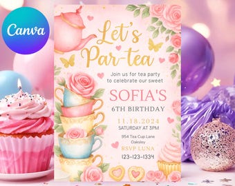 Floral Tea Party Birthday Invitation: Pink & Gold (Editable Template)