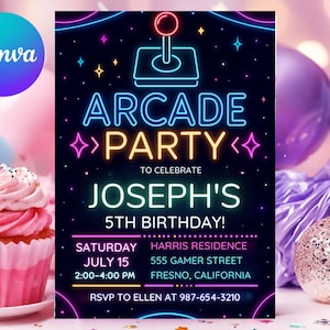 Arcade Birthday Invitation Template, Arcade Invitation, Neon Glow Invite, Boys Gamer Party, Video Game Party, Arcade Party, Editable Canva