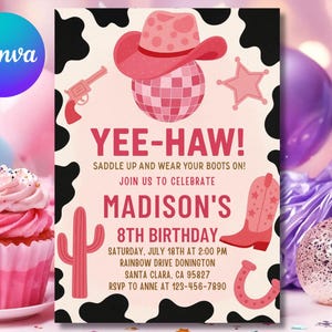 Cowgirl Birthday Invitation, Nashville Party, Pink Cowgirl Party Invite, Space Cowgirl Birthday, Disco Rodeo Invite, Editable Canva Template