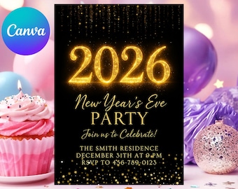 Digital New Years Eve Party Invitation, Black Gold Evite (Editable in Canva)