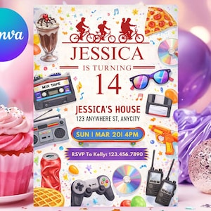 Puede incluir: Una colorida invitación de cumpleaños con el texto "JESSICA CUMPLE 14". El diseño incluye ilustraciones de un batido, una porción de pizza, una cinta de cassette, gafas de sol y un mando de videojuegos. La invitación también incluye la dirección y la información RSVP.