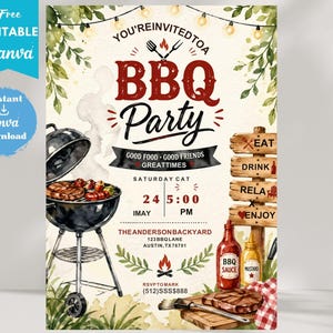 May include: A watercolour BBQ party invitation featuring a grill, food, and text. The invitation includes the words "BBQ Party", "Good Food, Good Friends, Great Times", and event details. Includes a Canva download option.