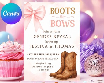 Boots or Bows Gender Reveal Invitation: Pink Western Theme (Canva Printable)