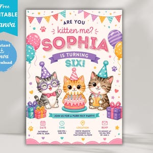 Puede incluir: Una tarjeta de invitación de cumpleaños con tres gatitos de dibujos animados con gorros de fiesta, un pastel rosa con velas, globos de colores y cajas de regalo. El texto dice: Are you kitten me? Sophia is turning six! Join us for a purr-fect party!