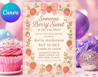 Erdbeer-Babyparty-Einladung: Kokett-rosa Schleife, Beeren-Süß-Motiv (Digitaler Download)