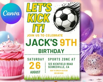 Soccer Birthday Invitation Template: Editable Canva Football Invite (5x7) (Digital Download