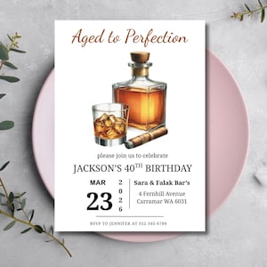 Aged to Perfection 40th Birthday Invitation, Whiskey Theme, Editable Canva Template (Digital Download)
