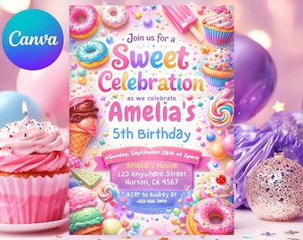 Sweets Candy Invitation, Sweets Birthday Invitation, Sweet Celebration, Candyland Invitation, Candy Ice Cream Cupcake Donut, Editable Canva