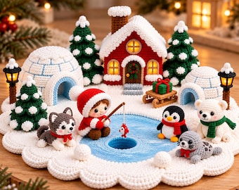 May include: A crochet winter scene featuring a red house with a white roof, two igloos, and green pine trees. A figure in a red hat fishes in a blue pond, surrounded by a husky, a penguin, a polar bear, and a seal. Two street lamps stand nearby.