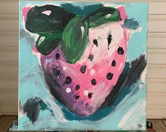 Pintura original de fresa / Arte en lienzo de frutas coloridas / Bonita decoración de pared para la cocina / Obra de arte única