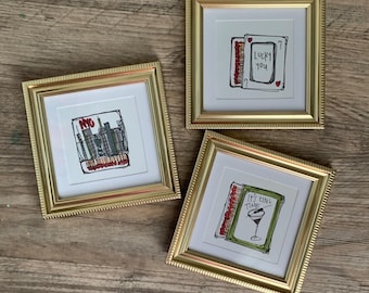 Miniatura de caja de cerillas / Arte dibujado a mano en caja de cerillas / Original enmarcado en miniatura / Decoración para carrito de bar / Caja de cerillas personalizada