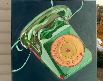 Pintura al óleo de teléfono de disco verde retro / Arte mural moderno de mediados de siglo (16x16)
