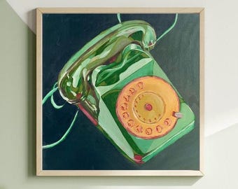 Impresión artística de un teléfono de disco verde / Naturaleza muerta de mediados de siglo