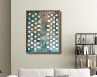 Pintura abstracta geométrica en verde azulado y blanco / Arte minimalista moderno en lienzo / Decoración de pared contemporánea con textura