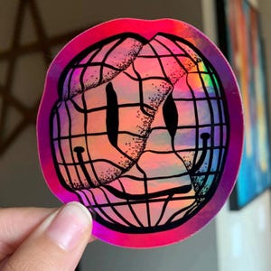Holographic Smiley Face Vinyl Sticker: Hot Pink Trendy Decal