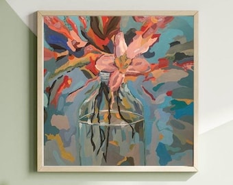 Pintura original de gran naturaleza muerta floral / Arte de jarrón colorido sobre lienzo / Decoración impresionista del hogar / Arte mural llamativo