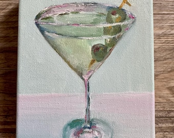 Pintura de cóctel Dirty Martini / Arte de bebida de aceitunas / Decoración de barra de cocina pequeña / Mini lienzo original