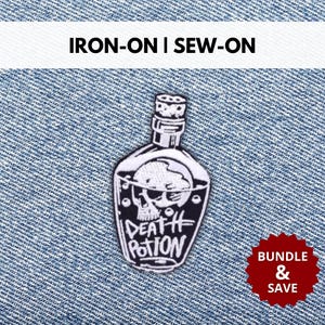 Death Potion Skull Patch | Iron-On/Sew-On Funny Sarcastic Quote Embroidered Patch | Ironic Sarcasm Patch | Gift for Dark Humor Lovers