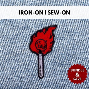 Burning Skull Match Patch | Iron-On/Sew-On Biker Embroidered Patch | Ironic Sarcasm Patch | Gift for Rebellious Dark Humor Lovers