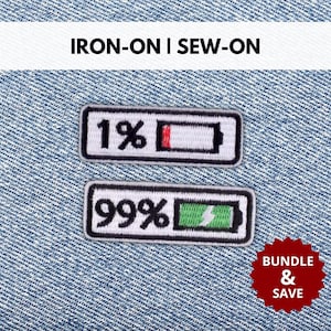 Parches de humor con 1 y 99% de batería social / Parche bordado con cita sarcástica divertida para planchar o coser / Parche de sarcasmo irónico / Regalo para niveles de energía
