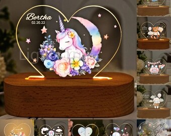 Gepersonaliseerd led-nachtlampje eenhoorn met bloemenhart, aangepaste kinderkamerdecoratie