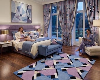 Hand Tufted Wool Rug | Abstract Geometric Carpet | Art Deco Pastel Blue & purple Area Rug | 6x9 Modern Rug for Living Room | kids room rug