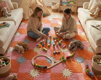 Hand Tufted Wool Kids Area Rug | 6x9 Checkered Star Playroom Rug | Pink Orange Nursery Carpet | Handmade Soft Wool Bedroom Rug