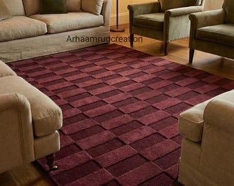 Hand Tufted Wool Checkered Rug | Modern burgundy geometric Area Rug | 9x12 High Low Carpet | Luxury Living Room Bedroom Rug | Custom rug