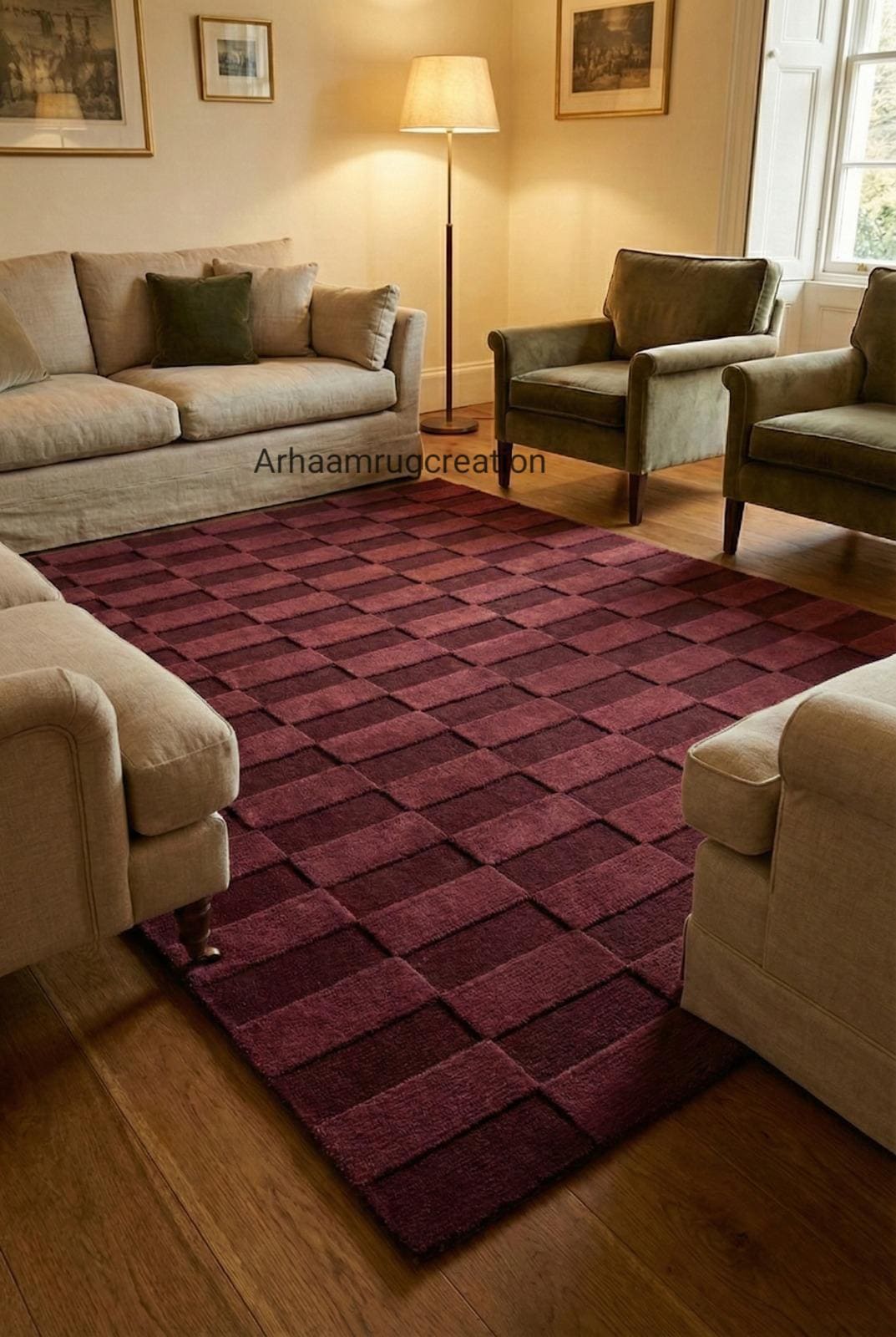 Hand Tufted Wool Checkered Rug | Modern Burgundy Geometric Area Rug ...