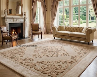 Luxury Beige Hand Tufted Wool Rug | Embossed Floral Area Rug | Premium Cream Sculpted Carpet for Living Room & Bedroom | Thick Pile Neutral