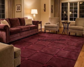 Hand Tufted Wool Area Rug | 9x12 Burgundy Wine Geometric Rug | High-Low rug | Modern Luxury Living Room Carpet | Custom Size Rug