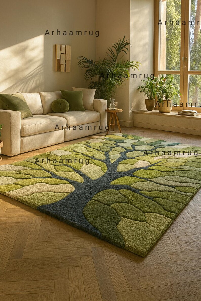 May include: A green and gray area rug with a tree design. The rug features a dark gray trunk and various shades of green leaves. The rug is placed on a wooden floor in a living room setting, with a beige sofa and green pillows.