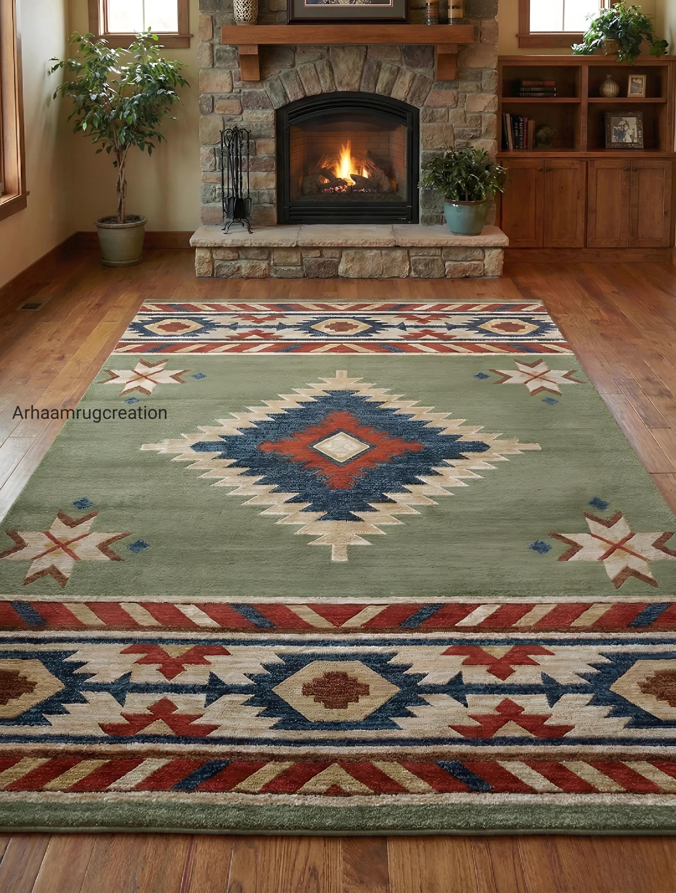 Native Tufted Rugs Hand Tufted Wool Tribal Rug | Southwestern Geometric Area Rug | Green ...