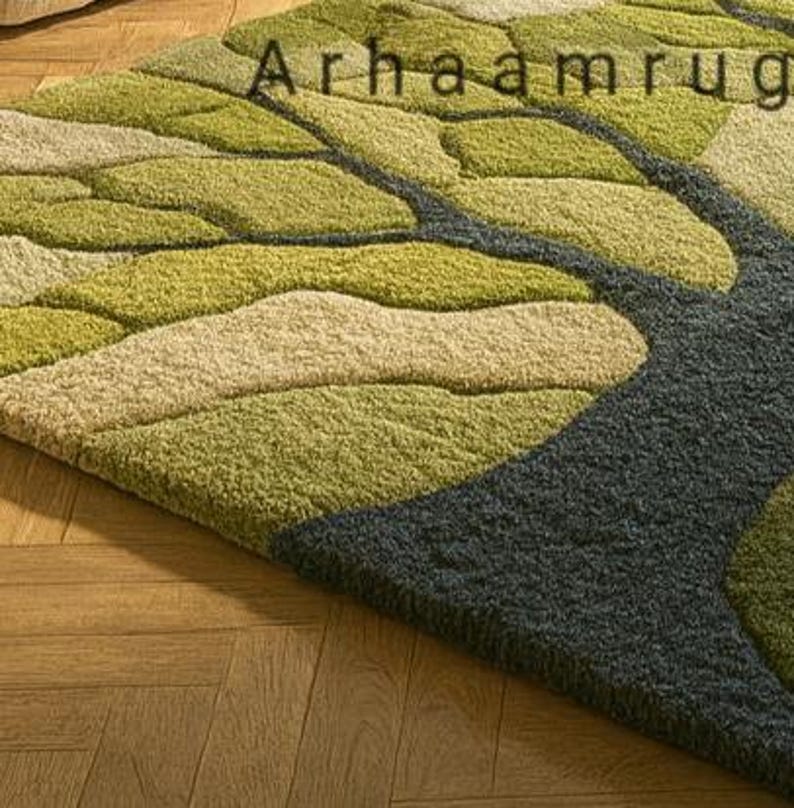 May include: A rectangular area rug with a tree-like design. The rug features a pattern of green, light green, and beige leaf shapes, with a dark gray trunk. The text "Arhaamrug" is visible in the upper right corner.