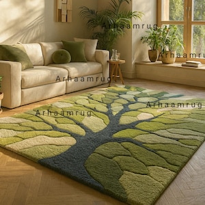 May include: A green and gray area rug with a tree design. The rug features a dark gray trunk and various shades of green leaves. The rug is placed on a wooden floor in a living room setting, with a beige sofa and green pillows.