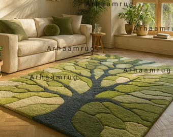 Hand Tufted Wool Rug | Green Tree Design Area Rug | Modern Nature Inspired Carpet | High Low Living Room Rug | Eco Friendly rug Home Decor