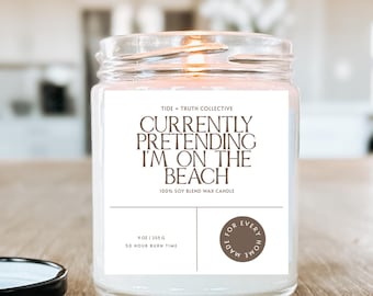 Vela que dice "Actualmente estoy en la playa", regalo divertido para amantes de la playa, decoración costera para el hogar, ambiente vacacional.