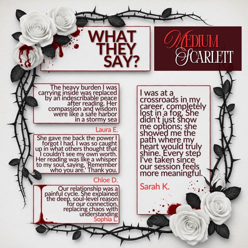 以下が含まれることがあります： 「WHAT THEY SAY?」と「Medium Scarlett」のテキストが入った装飾的なグラフィック。白いバラ、とげ、顧客からの推薦状が含まれています。推薦状は赤い縁取りのある白い箱に入っています。