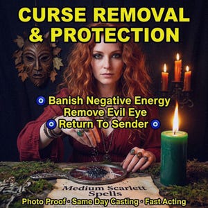 以下が含まれることがあります： 「CURSE REMOVAL & PROTECTION」のテキストが入った画像。女性、ろうそく、鏡が写っています。「Banish Negative Energy」、「Remove Evil Eye」、「Return To Sender」のテキストが含まれています。追加テキストは「Medium Scarlett Spells」、「Photo Proof」、「Same Day Casting」、「Fast Acting」です。