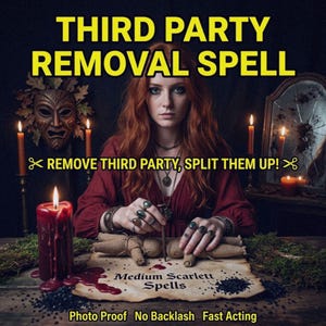 May include: A promotional image with the text "THIRD PARTY REMOVAL SPELL". A woman with red hair is central, with candles and a mask in the background. The text "REMOVE THIRD PARTY, SPLIT THEM UP!" and "Medium Scarlett Spells" are also visible.