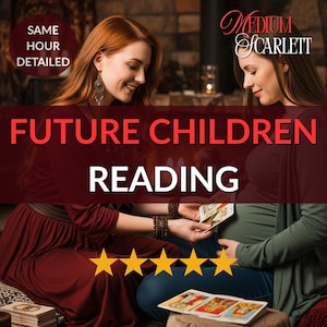 Könnte beinhalten: Bild einer Wahrsagung mit dem Text "FUTURE CHILDREN READING" in Rot. Das Bild zeigt zwei Frauen, eine schwangere, mit Tarotkarten. Der Text "SAME HOUR DETAILED" befindet sich in einem Kreis. Der Name des Mediums ist "Medium Scarlett".