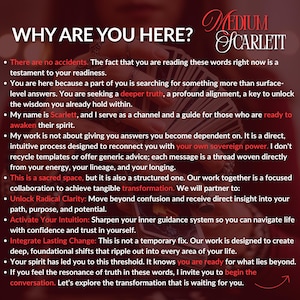 Pode incluir: Gr&aacute;fico com o texto "POR QUE VOC&Ecirc; EST&Aacute; AQUI?" e "Medium Scarlett". O texto descreve um guia espiritual que oferece insights e transforma&ccedil;&atilde;o. Inclui marcadores sobre prontid&atilde;o, verdade mais profunda e despertar do esp&iacute;rito.