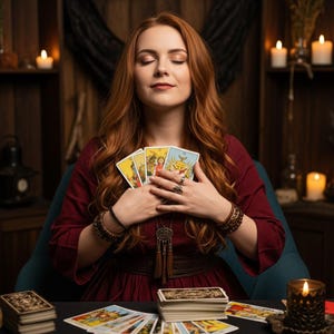 Pode incluir: Uma pessoa com longos cabelos ruivos, vestida com um vestido bord&ocirc;, segura cartas de tar&ocirc;. As cartas s&atilde;o amarelas e ilustradas. Mais cartas de tar&ocirc; e velas acesas est&atilde;o sobre uma mesa. A cena &eacute; pouco iluminada.