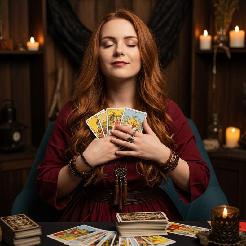 Pode incluir: Uma pessoa com longos cabelos ruivos, vestida com um vestido bord&ocirc;, segura cartas de tar&ocirc;. As cartas s&atilde;o amarelas e ilustradas. Mais cartas de tar&ocirc; e velas acesas est&atilde;o sobre uma mesa. A cena &eacute; pouco iluminada.