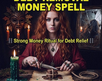 May include: An image with the text "DEBT REMOVAL MONEY SPELL" in yellow. A woman with red hair is the focal point, surrounded by candles and a green candle. The text "Strong Money Ritual for Debt Relief" is also present. The image includes the text "Medium Scarlett Spells, Photo Proof, Same Day Casting, Fast Acting."
