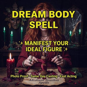 May include: An image with the text "DREAM BODY SPELL MANIFEST YOUR IDEAL FIGURE". A person is holding a small statue wrapped in red ribbon. Candles and a mask are in the background. The text "Photo Proof Same Day Casting Fast Acting Medium Scarlett Spells" is at the bottom.