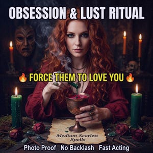 May include: An image with the text "OBSESSION & LUST RITUAL" and "FORCE THEM TO LOVE YOU". A woman with red hair is holding a chalice with a red liquid. Green and orange candles are lit around her. The text "Medium Scarlett Spells" is also visible.